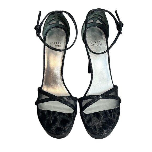 STUART WEITZMAN Heels Womens 8.5M Black Platform Ankle Strap Glitter Tizyou - Picture 4 of 12